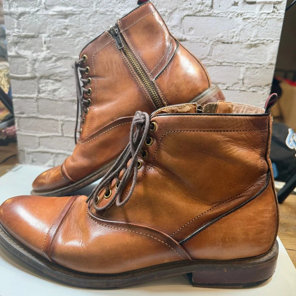 Madden Mens 9 Brown Leather Cap Toe Lace Up Ankle Boots Side Zip Dress Combat
